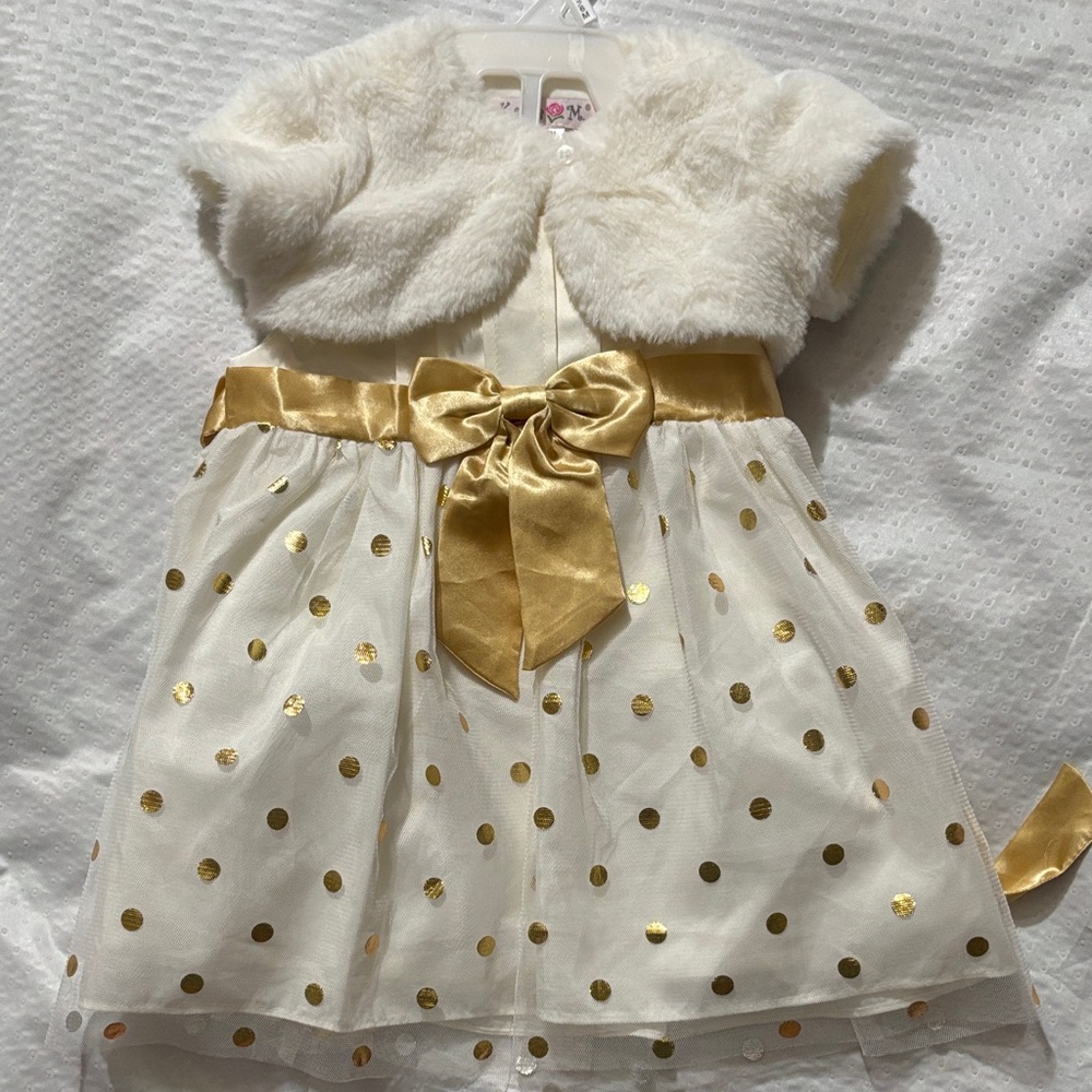 White and Gold Polka Dot Dress with Faux Fur Bolero